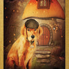 A golden dog in a cap sits by a whimsical cottage, inspired by Lenormand of Enchantment from Schiffer Publishing, Ltd. The card shows number 18, the word Dog, and a heart displaying the number 10.