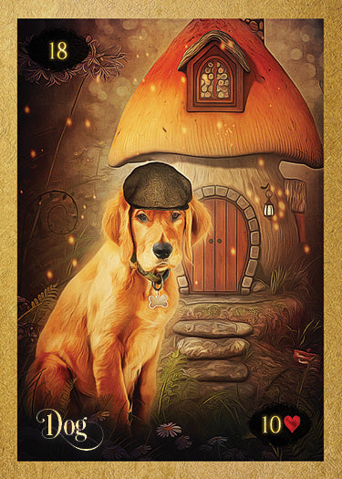 A golden dog in a cap sits by a whimsical cottage, inspired by Lenormand of Enchantment from Schiffer Publishing, Ltd. The card shows number 18, the word Dog, and a heart displaying the number 10.