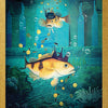The Lenormand of Enchantment deck by Schiffer Publishing, Ltd. features a card showing two crowned orange fish underwater among ruins and coins. The card displays the number 34, "Fish," and a King of Diamonds symbol in the corner.