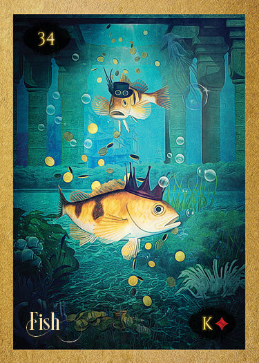 The Lenormand of Enchantment deck by Schiffer Publishing, Ltd. features a card showing two crowned orange fish underwater among ruins and coins. The card displays the number 34, "Fish," and a King of Diamonds symbol in the corner.