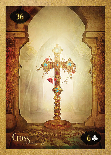 The Lenormand of Enchantment deck by Schiffer Publishing, Ltd. features card 36, "Cross," showing a golden ornate cross with blue gems in an arched stone hallway, a floating red rose petal, and a six of clubs symbol.