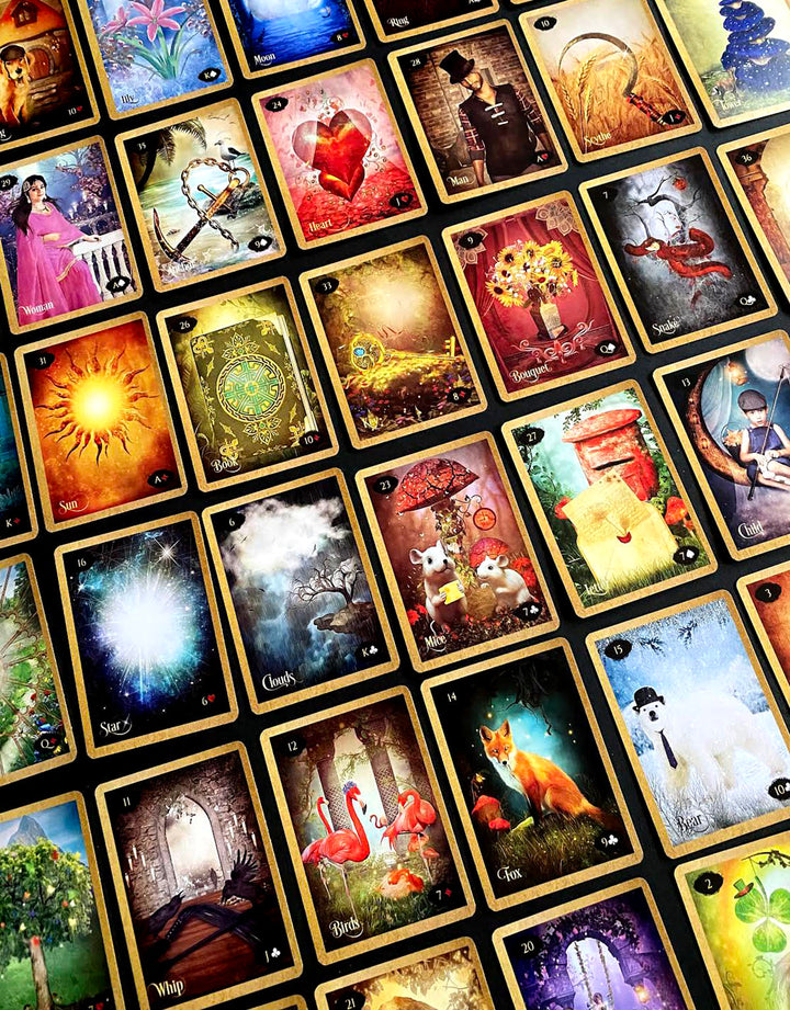 The Lenormand of Enchantment by Schiffer Publishing, Ltd. is a vibrant deck with whimsical illustrations—animals, hearts, keys, the sun, flamingos, and magical doors—framed in black and gold to inspire your tarot readings.