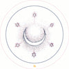 A minimalist cosmic design from Transparent Oracle by Schiffer Publishing, Ltd. features a dotted crescent moon, five star-like shapes, two thin rings, and the number 34 at the bottom—drawing inspiration from see-through card motifs.