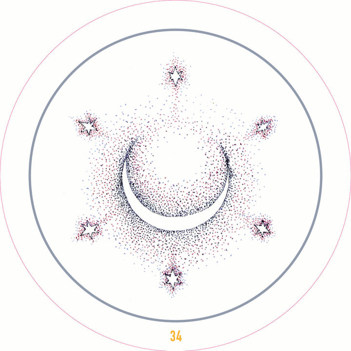 A minimalist cosmic design from Transparent Oracle by Schiffer Publishing, Ltd. features a dotted crescent moon, five star-like shapes, two thin rings, and the number 34 at the bottom—drawing inspiration from see-through card motifs.