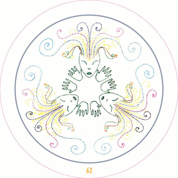 A circular Transparent Oracle deck by Schiffer Publishing, Ltd. features three stylized faces with colorful, swirling patterns as hair or energy, hands reaching inward, and the number 62 at the bottom of the vibrant design.