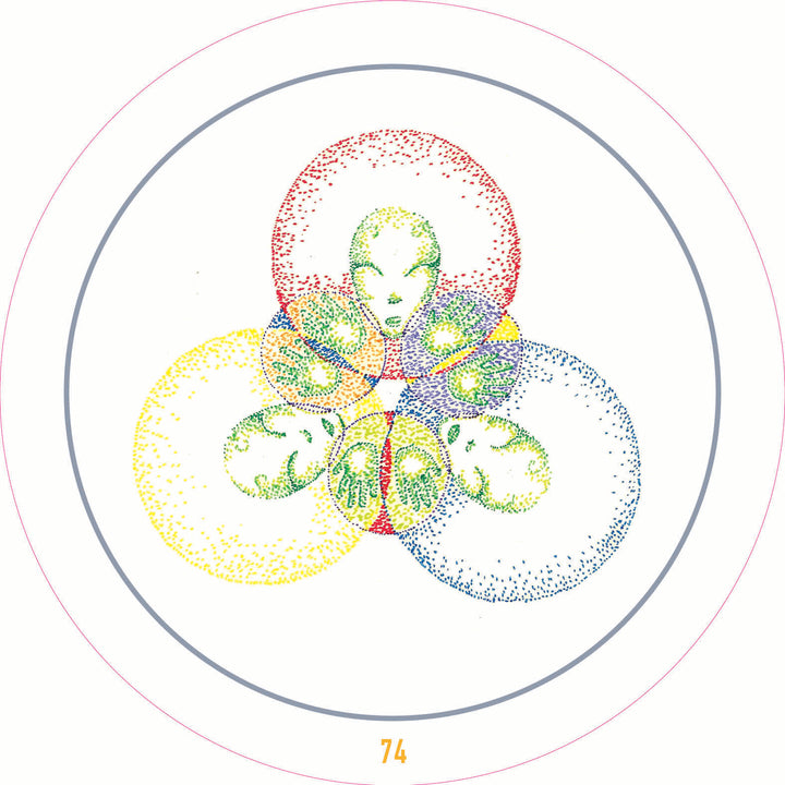 A pointillist diagram for the Transparent Oracle by Schiffer Publishing, Ltd. shows four overlapping red, blue, yellow, and green circles with stylized alien faces blending at intersections and the number 74 beneath.