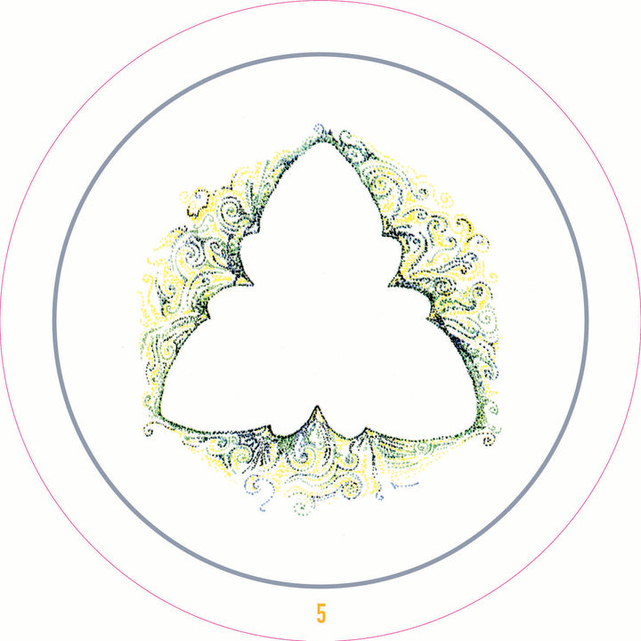 Featuring an abstract, leaf-shaped design with green and yellow patterns in gray and pink circles, Schiffer Publishing, Ltd.'s Transparent Oracle displays the number 5 below—ideal for a circular tarot or oracle deck.