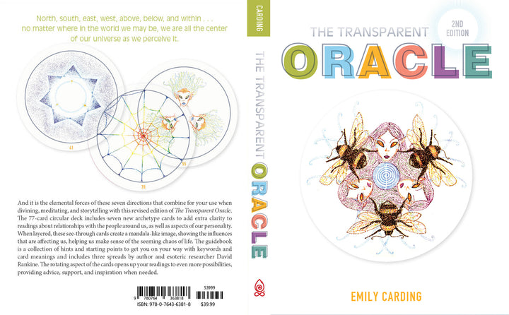 Book cover for Transparent Oracle by Schiffer Publishing, Ltd. Features geometric mandala art with bees, interconnected symbols, and colorful transparent title, inspired by the circular see-through deck; back displays a star-like diagram.