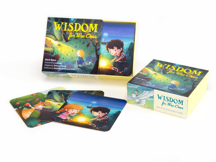 Wisdom for Wee Ones by Schiffer Publishing, Ltd. is displayed with its illustrated Proverb cards featuring colorful drawings of children; the box and some cards are propped up while others are spread out in front.