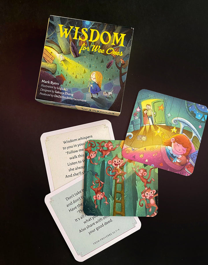 Wisdom for Wee Ones by Schiffer Publishing, Ltd. is a card game featuring Proverbs cards with inspirational messages and whimsical artwork of children and monkeys, set against a dark background for spiritual encouragement.