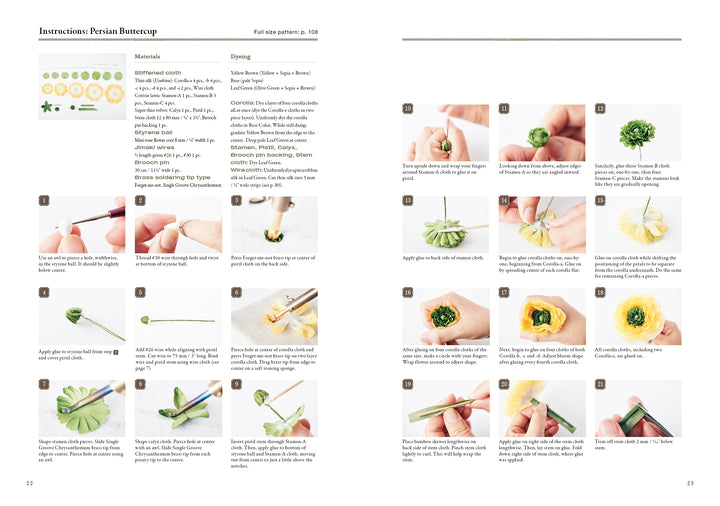Step-by-step photo tutorial from The Herbarium of Fabric Flowers by Schiffer Publishing, Ltd. shows how to craft a Persian buttercup using colored clay and tools. Includes images, text instructions, and material lists for wearable plant art.