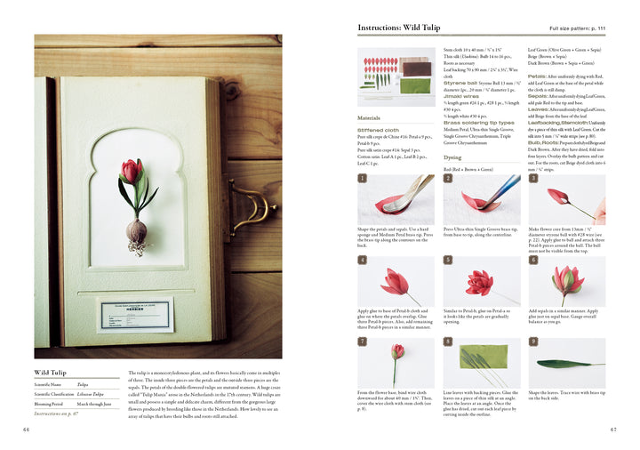 A two-page spread from The Herbarium of Fabric Flowers by Schiffer Publishing, Ltd. displays a wild tulip art piece and step-by-step photo instructions for making your own—ideal inspiration for naturalist fiber art enthusiasts.