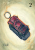 Illustration of a red toy car keychain on a muted background, with the number 2 in the top right and "CAR" in the bottom left, inspired by modern oracle decks. From Between the Worlds by Schiffer Publishing, Ltd.