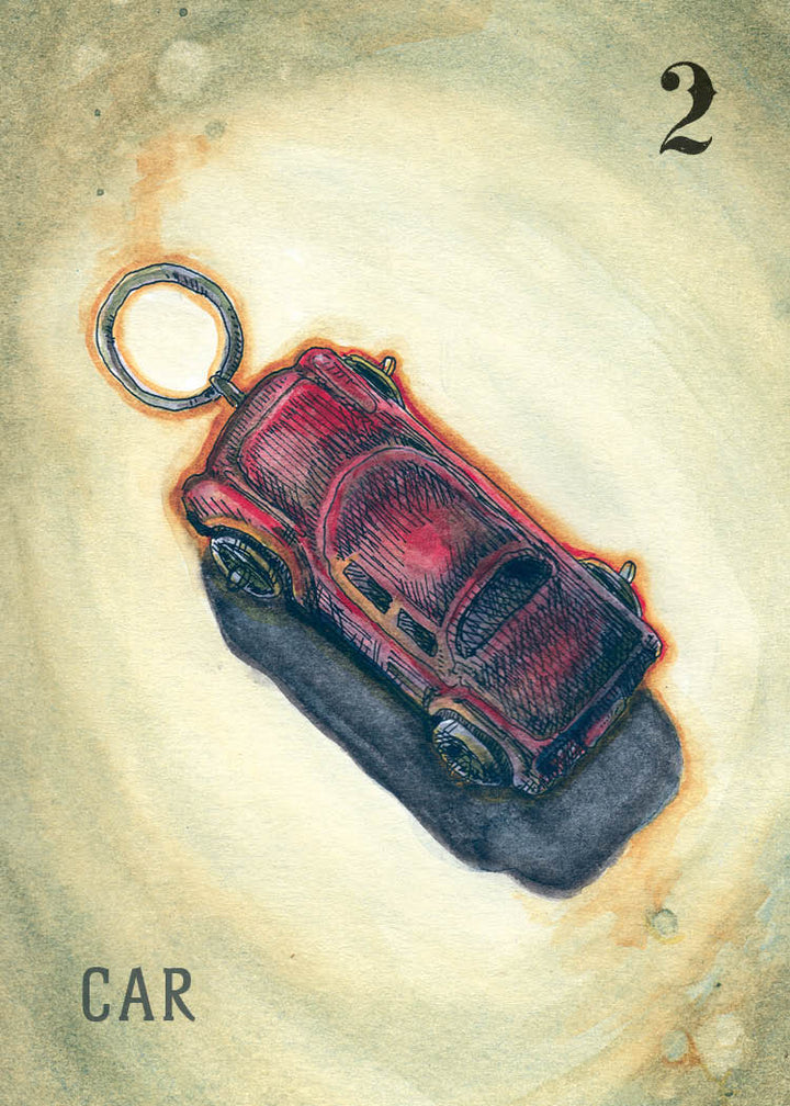 Illustration of a red toy car keychain on a muted background, with the number 2 in the top right and "CAR" in the bottom left, inspired by modern oracle decks. From Between the Worlds by Schiffer Publishing, Ltd.