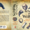 Front and back cover of Between the Worlds by Schiffer Publishing, Ltd., displaying bone-and-curio casting tools—skull, bones, coins, keys, bell, crow, and oracle cards—on a tan textured background with black text.