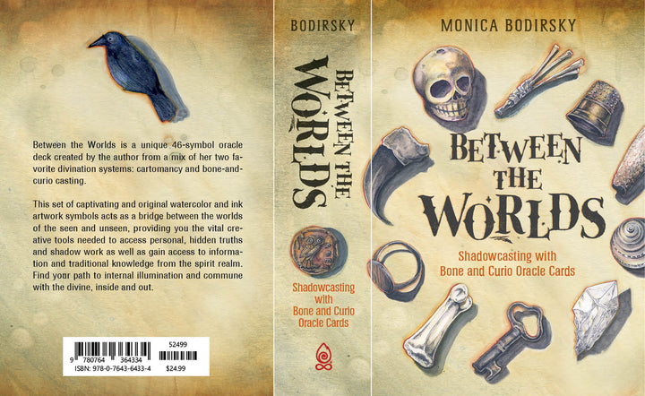 Front and back cover of Between the Worlds by Schiffer Publishing, Ltd., displaying bone-and-curio casting tools—skull, bones, coins, keys, bell, crow, and oracle cards—on a tan textured background with black text.