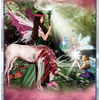 A magical scene inspired by Schiffer Publishing, Ltd.'s Magical Dimensions Oracle Cards and Activators shows pink-winged fairies and a red-maned unicorn guiding a girl amid glowing orbs. Text: DESTINY – Purpose • Passion • Service.