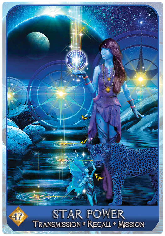 A mystical, blue-toned scene from Magical Dimensions Oracle Cards and Activators by Schiffer Publishing, Ltd. shows a celestial woman with a leopard and a fairy by a reflective lake under cosmic skies. Card text: "Star Power: Transmission • Recall • Mission.