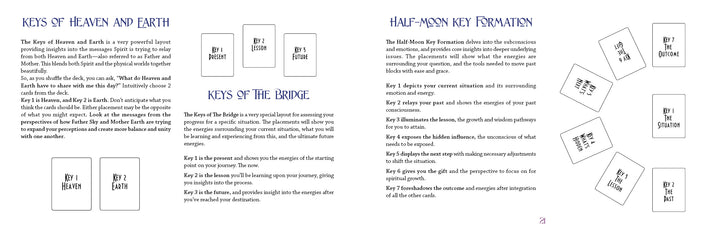 A spread from Magical Dimensions Oracle Cards and Activators by Schiffer Publishing, Ltd. displays text and diagrams for tarot layouts—Keys of Heaven and Earth, Keys of the Bridge, and Half-Moon Key Formation—with labeled card positions for guidance.