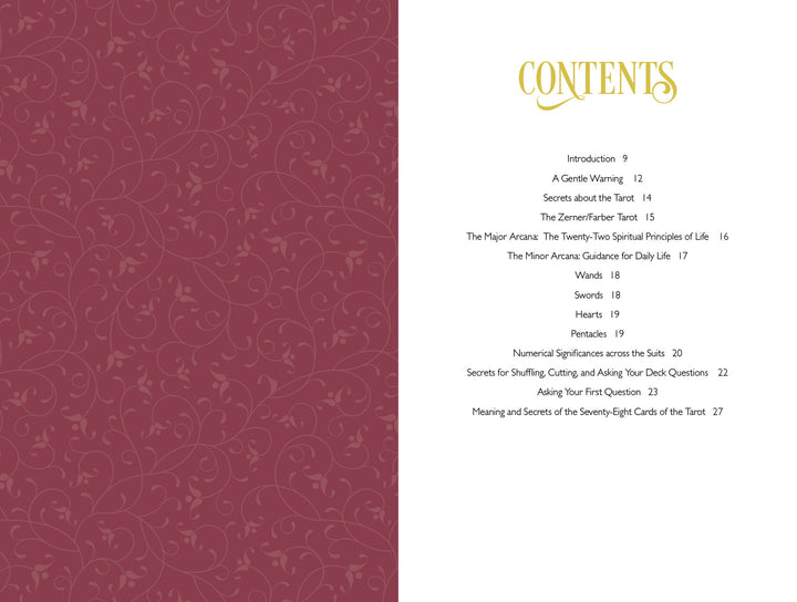 The Zerner/Farber Tarot by Schiffer Publishing, Ltd. features a table of contents with a gold CONTENTS heading on white paper beside a burgundy floral-patterned background—ideal for guidebooks to unlock your psychic potential.