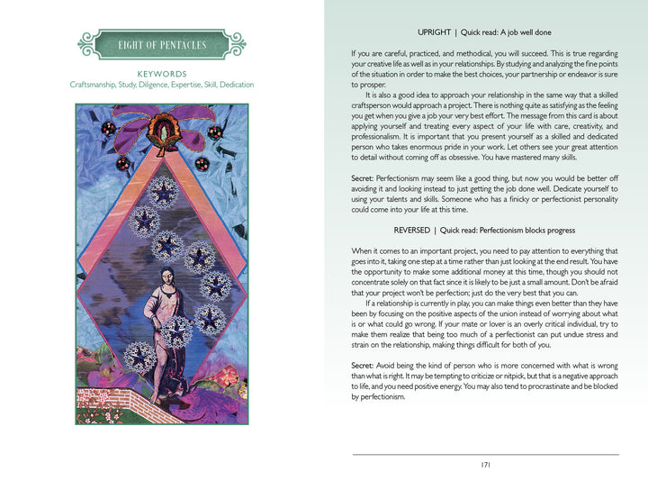 The Zerner/Farber Tarot by Schiffer Publishing, Ltd. features the Eight of Pentacles illustration on the left and detailed descriptions, keywords, and interpretive tips on the right against a white background.