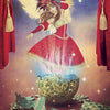 A fantasy scene from the Angels of Healing and Hope Oracle by Schiffer Publishing, Ltd. shows a winged woman in red emerging from a glowing golden egg with blue light, framed by red curtains, with “Awakening” below the image.