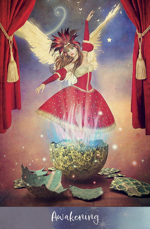 A fantasy scene from the Angels of Healing and Hope Oracle by Schiffer Publishing, Ltd. shows a winged woman in red emerging from a glowing golden egg with blue light, framed by red curtains, with “Awakening” below the image.