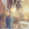 A graceful woman with angel wings and flowing hair dances by water under a golden, starry sky on the Angels of Healing and Hope Oracle by Schiffer Publishing, Ltd. She wears a blue dress, sparkling with light, and "Dance with Life" is written at the bottom.