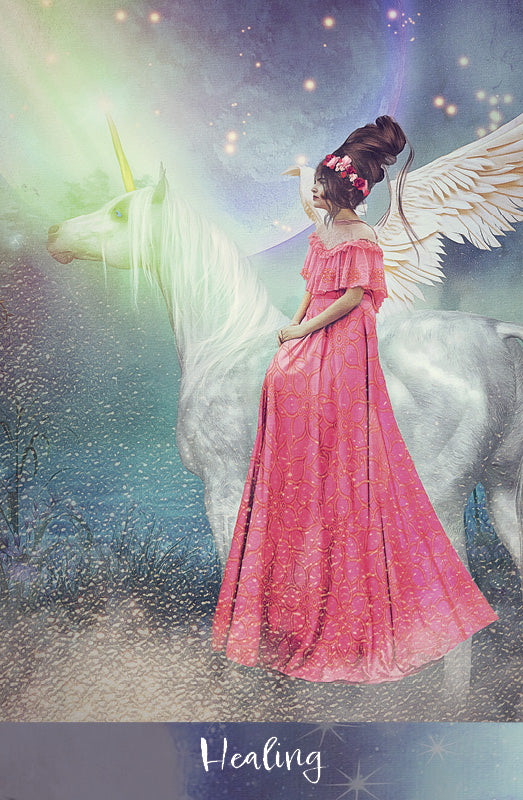 A woman in a pink dress with flowers in her hair sits side-saddle on a winged white unicorn amid glowing light, evoking angelic presence. "Healing" appears at the bottom. From Angels of Healing and Hope Oracle by Schiffer Publishing, Ltd.