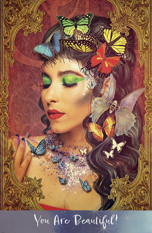 A woman with vibrant makeup and dark wavy hair, surrounded by healing butterflies and glitter, is featured in a golden ornate frame. Below, the text reads "You Are Beautiful!" Product: Angels of Healing and Hope Oracle by Schiffer Publishing, Ltd.