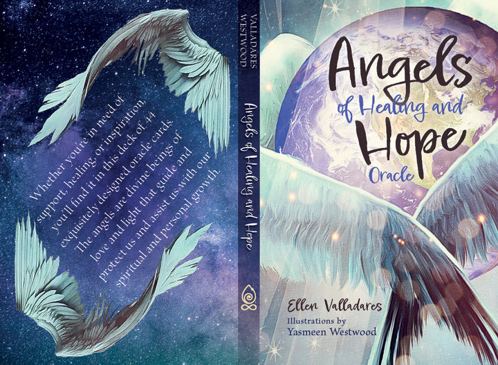 The Angels of Healing and Hope Oracle from Schiffer Publishing, Ltd. features a cover with angel wings, a starry sky, and glowing light. Illustrated by Yasmeen Westwood, the poetic back text invites readers to connect with angels through oracle cards.