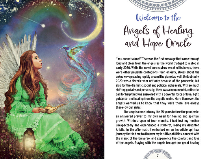 A woman with long red hair and white angel wings kneels on a grassy hill under a glowing moon, as a white dove flies nearby. Swirling colors fill the night sky. Text about the Angels of Healing and Hope Oracle by Schiffer Publishing, Ltd. appears on the right.