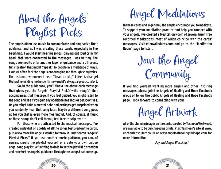 A magazine spread features inspiring content about the Angels of Healing and Hope Oracle by Schiffer Publishing, Ltd., including playlist picks, meditations, community highlights, and artwork with star accents and varied typography on a white background.