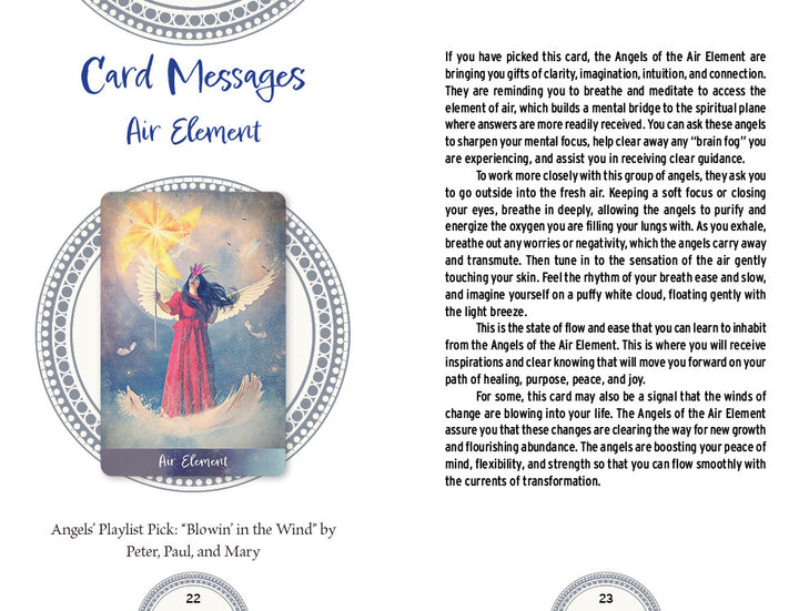 A page from the Angels of Healing and Hope Oracle by Schiffer Publishing, Ltd. shows a woman in a blue dress releasing birds, with inspiring card messages, healing advice, and a song suggestion at the bottom.