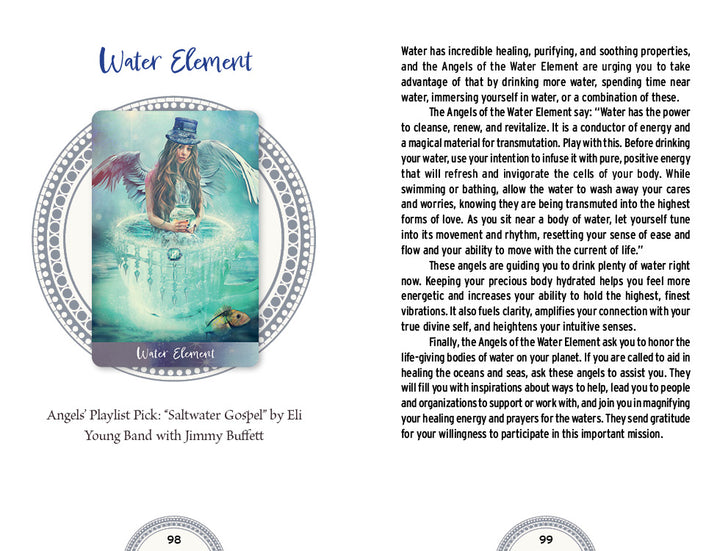 The Angels of Healing and Hope Oracle by Schiffer Publishing, Ltd. features a Water Element card with a woman in a top hat playing harp on a rock, dolphins nearby, and healing text—ideal for oracle card and angel enthusiasts.