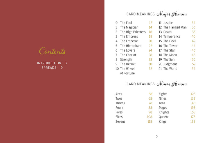 The Swagatam Tarot guidebook by Schiffer Publishing, Ltd. features a contents page with Introduction and Spreads on the left, and highlighted page numbers for Major and Minor Arcana card meanings on the right, tailored for this Indian Tarot Deck.