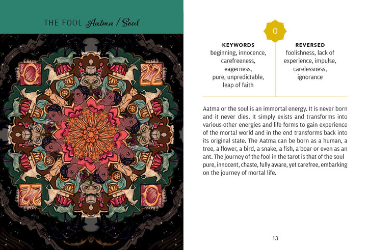 The Swagatam Tarot by Schiffer Publishing, Ltd. features a vibrant mandala with humans, animals, tarot icons, and the number 0 “Fool.” Text delves into The Fool card’s meanings—eagerness, carelessness—and its interpretations.