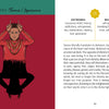 A stylized illustration from the Swagatam Tarot by Schiffer Publishing, Ltd. shows a cross-legged figure on a split red and green background, mimicking horns, with “Tamas / Ignorance” and Hindu philosophy themes beside them.