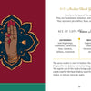 An illustrated hand with red nails and gold rings forms a mudra, centered in a blue and gold mandala. Text details the Ace of Cups Varun Mudra from the Swagatam Tarot by Schiffer Publishing, Ltd., with keywords and usage instructions.