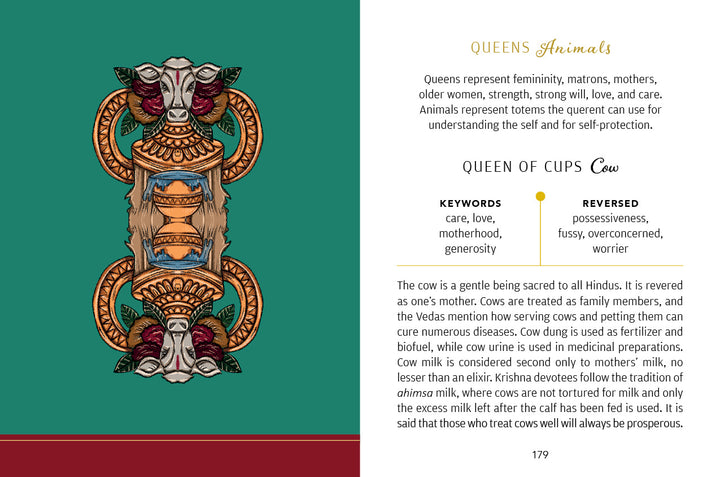 A page from Schiffer Publishing, Ltd.'s Swagatam Tarot shows an ornate gold and red illustration on green, with text about the Queen of Cups card and its cow symbol. The page number, 179, appears at the bottom.
