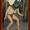 The Doors of Somlipith by Schiffer Publishing, Ltd. features a mystical tarot card called The Guardian, depicting a figure in a bat-like mask, green loincloth, and net, crouched in ancient ruins and holding a trident.