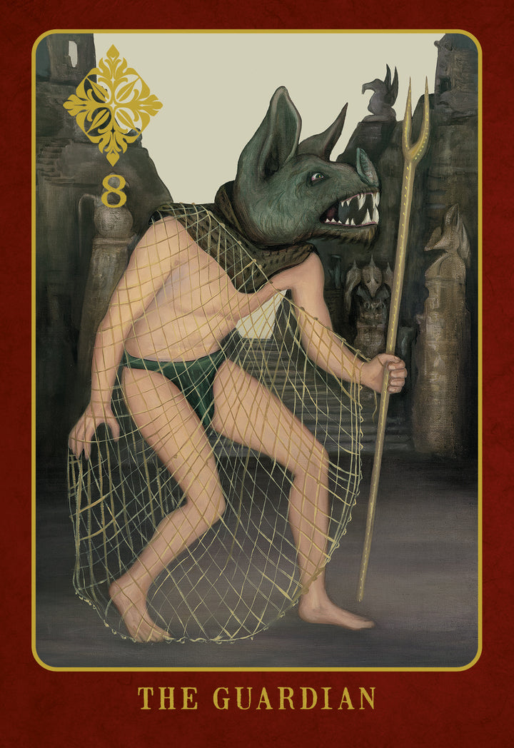 The Doors of Somlipith by Schiffer Publishing, Ltd. features a mystical tarot card called The Guardian, depicting a figure in a bat-like mask, green loincloth, and net, crouched in ancient ruins and holding a trident.