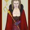 The Doors of Somlipith by Schiffer Publishing, Ltd. features Déja, the Queen of Hearts, in a red and black gown, red cloak, and golden staff, with tight ringlets and striking makeup—a regal tarot figure.