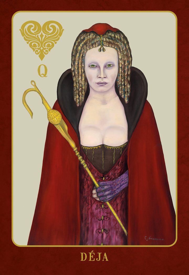 The Doors of Somlipith by Schiffer Publishing, Ltd. features Déja, the Queen of Hearts, in a red and black gown, red cloak, and golden staff, with tight ringlets and striking makeup—a regal tarot figure.