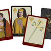 Four playing cards from The Doors of Somlipith by Schiffer Publishing, Ltd. are displayed: “Liva” (queen), “King Sol,” “The Sword,” and a lion on a dark background—ideal for a mystical, esoteric card reading.