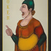 A painting of a woman in a green hat and yellow shirt holding playing cards evokes the esoteric world of "The Doors of Somlipith" by Schiffer Publishing, Ltd.
