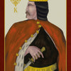 An illustration from "The Doors of Somlipith" by Schiffer Publishing, Ltd. depicts a king with a gold crown, red cloak, and dagger. A red border and gold emblem suggest mystical tarot themes; LEO is inscribed for esoteric flair.