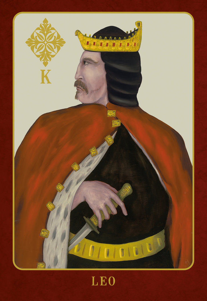 An illustration from "The Doors of Somlipith" by Schiffer Publishing, Ltd. depicts a king with a gold crown, red cloak, and dagger. A red border and gold emblem suggest mystical tarot themes; LEO is inscribed for esoteric flair.