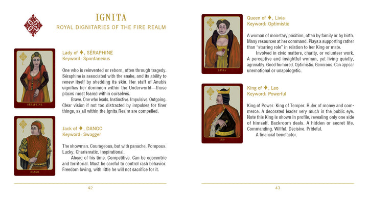 A two-page spread from The Doors of Somlipith by Schiffer Publishing, Ltd. features illustrated character cards and descriptions of Fire Realm dignitaries—Lady Séraphine, Jack Dango, Queen Livia, and King Leo—drawing from mystical tarot and card symbolism.
