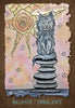 A gray cat sits atop balanced stones, embodying animal symbolism beneath a swirling sun. Pastel hues enhance the mood as BALANCE / IMBALANCE appears below. Product: The Everglow by Schiffer Publishing, Ltd.